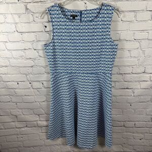 Talbots Women’s Sleeveless Dress A-Line Stretch Jersey Knit Ikat Blue & White L